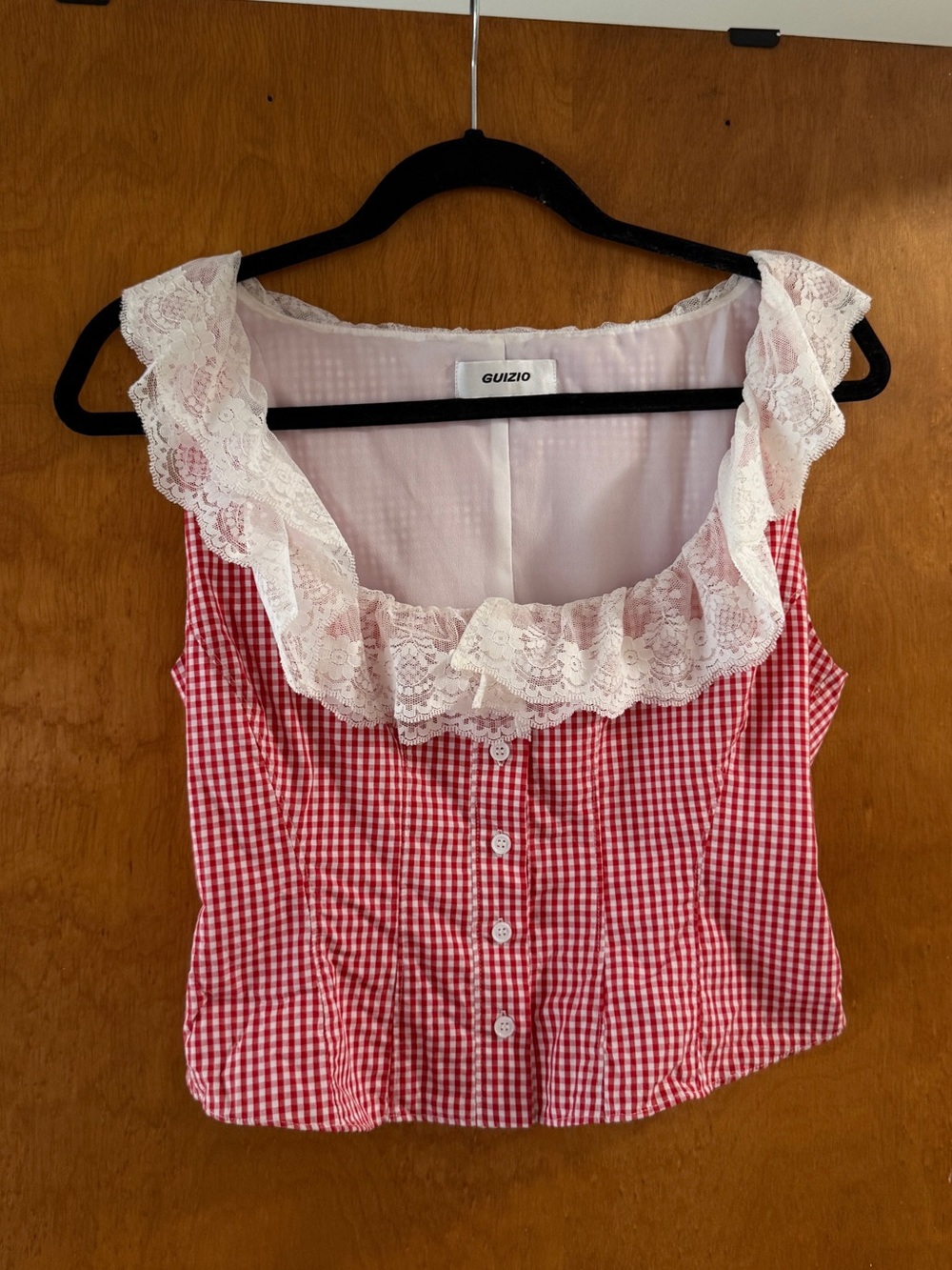 Danielle Guizio Red and White Gingham Lace-Trim Camisole